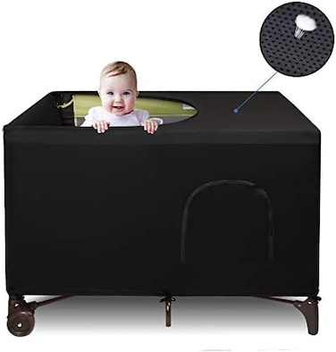 Dofilachy Blackout Cover for Pack N Play - Crib Blackout Cover Tent - Canopy Cover - Breathable Travel Crib Tent - Portable Stretchy Blackout Tent (Black.