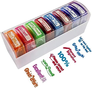 Bertiveny School Teacher Stamps for Classroom 8-Piece Set, Multicolor.