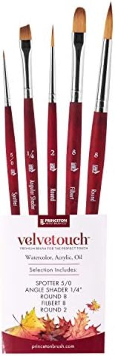 PRINCETON ARTIST BRUSH CO. Velvetouch، سلسلة 3950، طلاء للأكريليك والزيت والألوان المائية، مجموعة من 5 رؤوس: رأس نقطي 5/0، رأس تظليل بزاوية، رأس دائري 8، رأس بيضاوي 8، رأس دائري 2.