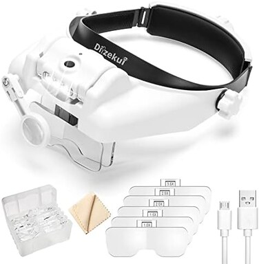 Dilzekui Uarzt Head Mount Magnifier with LED Light, Rechargeable Headband Magnifier, Head-Mounted Magnifying Glass with 6 Detachable Lens, Handsfree Magnifying Glasses for Jewelers Loupe, Crafts, Repa