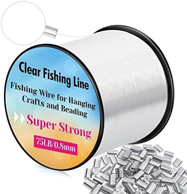 Acejoz Fishing Wire, 656FT Fishing Line Clear Invisible Hanging Wire Strong Fishing String Supports Up to 70 Pounds with 100Pcs Aluminum Crimping Loop Sleeve for Craft Balloon Garland Hanging.