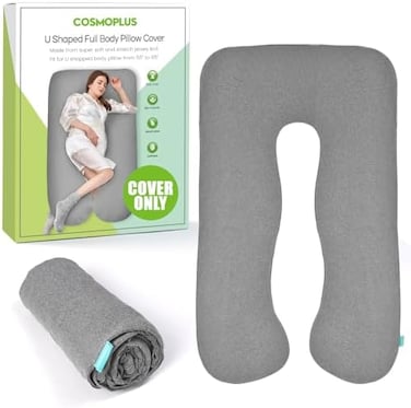 COSMOPLUS 𝐏𝐫𝐞𝐠𝐧𝐚𝐧𝐜𝐲 𝐏𝐢𝐥𝐥𝐨𝐰 𝐂𝐨𝐯𝐞𝐫 U Shaped Full Body Pillow Case 𝐂𝐨𝐯𝐞𝐫 for Maternity,Stretchy Cool Breathable Jersey Fabric,Provides Sleep and Pregnancy Support,Light Grey.