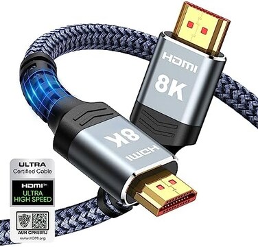 Highwings 8K HDMI Cable 2. 1 48Gbps 6. 6FT/2M, High Speed HDMI Braided Cord-4K@120Hz 8K@60Hz, DTS:X, HDCP 2. 22. 3, HDR 10 Compatible with Roku TV/PS5/HDTV/Blu-ray.