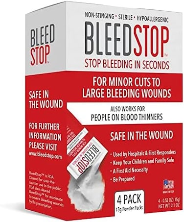 مسحوق الإسعافات الأولية BleedStop لتخثر الدم، مجموعة الصدمات، مرضى سيولة الدم، سلامة التخييم، ومعدات البقاء على قيد الحياة للجروح النزفية المتوسطة إلى الشديدة أو نزيف الأنف - 4 (أكياس 15 جم).
