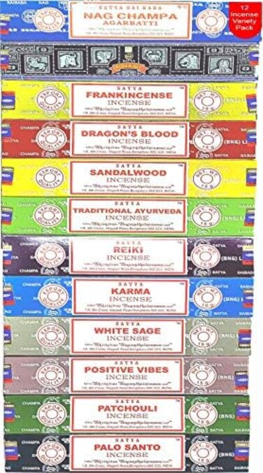 Satya Nag Champa Incense Sticks Variety- Pack (12 Incents, 140Sticks100% Original Handrolled MasalaIncense BNGFor Stress Relief, Meditation Decor, Spiritual DecorHome Fragrance Products.