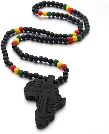COLORFUL BLING Multicolor 8MM Wooden Bead Chain African Hip-hop Africa Map Pendant Necklace for Men Boys Natural Wood Jewelry.