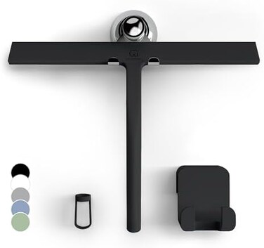 G&Uuml;TEWERK shower squeegee black 11 in - incl. chrome suction cup hook - stainless steel core - silicone rubber squeegees for bathroom cleaning - window screen wiper cleaner glass scraper blade showers.