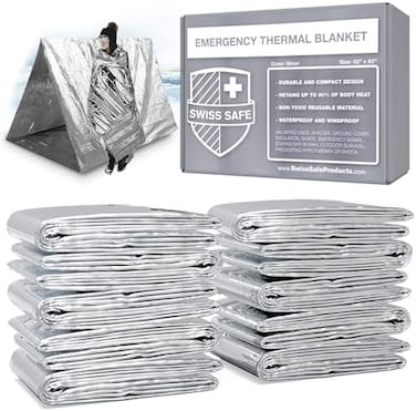 Swiss Safe Emergency Mylar Thermal Blankets (Bulk 10-Pack- Designed for NASA, Outdoors, Hiking, Survival, Marathons or First Aid (Silver 10-Pack.