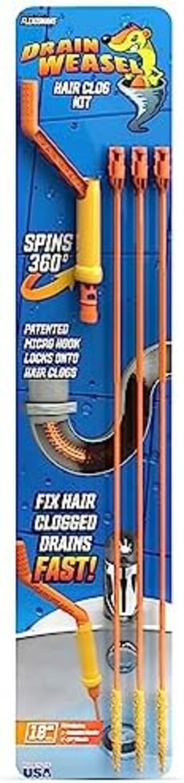FlexiSnake Drain Sink Snake Hair Clog Remover Tool Kit, Sink, Pipe, Bathroom, Bathtub Drain Cleaner, 18-inch Long, Flexible, Made in The USA, 3 Pack Wand Refills and Removable Handle.