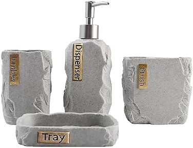 Hymmah Bathroom Accessories Set,Marble Design Toothbrush Holder,Farmhouse Bathroom Decor,4 Pcs Resin Gift Set Apartment Necessities, Contain Toothbrush Cup,Soap Dispenser,Soap Dish,Tumbler.