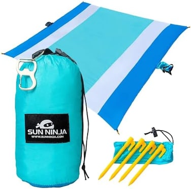 SUN NINJA Sand Free Beach Blanket - Outdoor Blanket, Beach MatAccessories - 10ft X 9ft Lightweight Blanket with Storage, Bottle Opener, Carabiner, Shoulder Strap, Corner Sand Pockets4 Stakes.