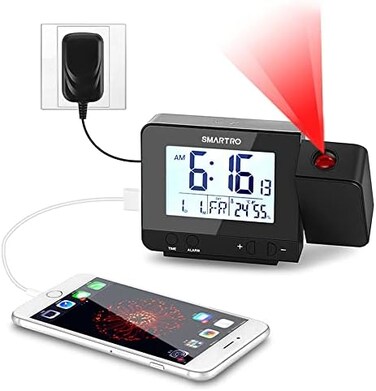 ساعة منبه SMARTRO، ساعة عرض رقمية مع شاحن USB، ترمومتر داخلي، ساعتا منبه مزدوجتان لغرف النوم، والسفر، ولمن ينامون نوماً عميقاً.