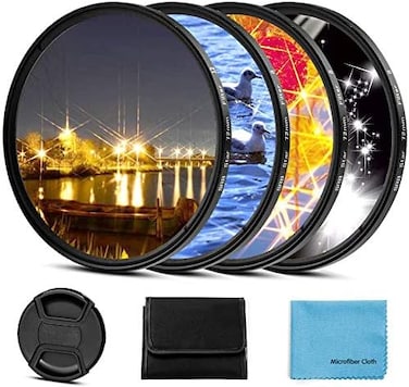 فلتر Sedremm 77mm Star Filter 4 Pieces Starburst Lens Filter (4 نقاط، 6 نقاط، 8 نقاط، 12 نقطة) مع غطاء عدسة مركزي قابل للضغط لكاميرات Canon وNikon وSony وOlympus وPentax وغيرها من كاميرات DSLR، حقيبة