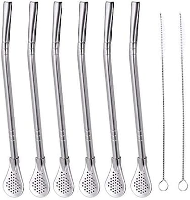 FRUTA 6 PCS Stainless Steel Yerba Mate Tea Bombilla Straws with Filter Spoon and 2 PCS Cleaning Brushes, Removable Filtered Spoons Drinking Straw, 18. 5CM/7. 28inch.
