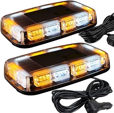 ASPL 2pcs 48LED Roof Top Strobe Lights, High Visibility Emergency Safety Warning LED Mini Strobe Light bar with Magnetic Base for 12-24V Snow Plow, Trucks, Construction Vehicles (Amber/White.