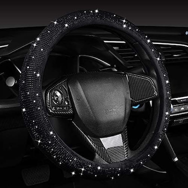 Car Auto Women Fashion Black Velvet Bling Steering Wheel Cover with Black Diamonds, 15 inch Standard Glitter Rhinestone Wheel Cover Sparkling, Full Covered.