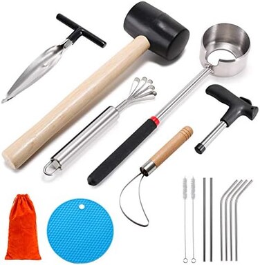 CJFocus Coconut Opener Tool Set, SafeEasy to Open YoungMature Coconuts Tool, Food Grade Stainless Steel Coco Nut Opener Kit with Rubber Mallet Meat Removal, Sc, StrawSilicone Mat, ALL IN ONE Bag.