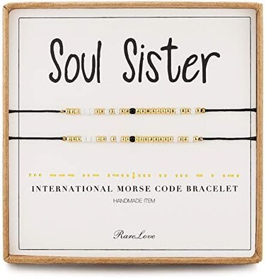 RareLove 2 Pieces Soul Sister Morse Code Bracelet Inspirational Friendship Gift for 2 Best Friends Women Girls White Golden Black Tiny Pony Seed Beads Black String Bracelets, Metal, no gem style.