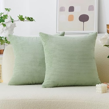 Home Brilliant Holiday Decor Solid Plush Corduroy Striped Square Spring Pillow Covers Set of 2 Cushion Covers for Living Room Decor, 50cm, 20 x 20 Inch, Sage Green.