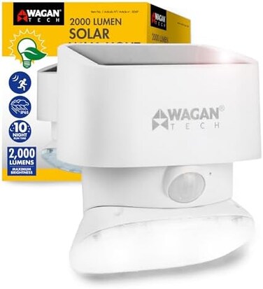 Wagan EL8569 2000 Lumen Outdoor LED Solar Wall Light Waterproof Motion Detected Light White.