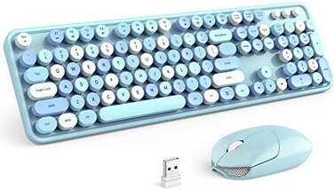 MOFII Wireless Keyboard and Mouse Combo Blue Retro Wireless Keyboard with Round Keycaps 2. 4GHz Dropout-Free Connection Cute Wireless Mouse Compatible with PC/Laptop/Mac/Windows XP/7/8/10 (Blue-Colorf