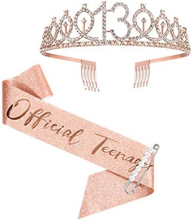 BRT Bearingshui 13th Birthday Sash and Crown for Girls, Rose Gold Official Teenager Sash and Tiara for Girls, 13th Birthday Gifts for Happy 13th Birthday Party Favor Supplies.