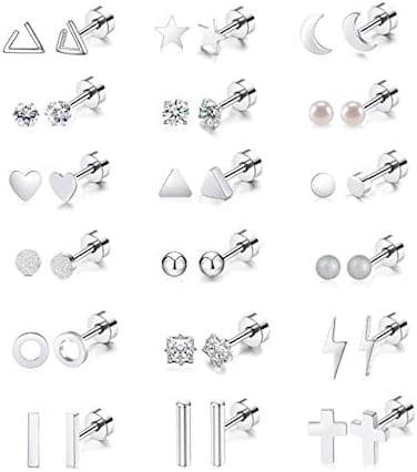 Staligue 18 Pairs Tiny Cartilage Stud Earrings for Women Men Star Moon Heart Disc Ball CZ Small Screwback Flat Back Stud Earrings Stainless Steel Geometric Barbell Flatback Earrings Piercing Set.