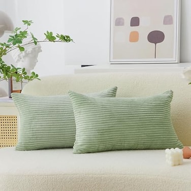 Home Brilliant Sage Green Rectangle Spring Pillow Covers 12x20 Lumbar Pillow Cover Accent Corduroy Striped Oblong Throw Pillows for Couch Decor, Set of 2, 12 x 20 inch, Sage Green.