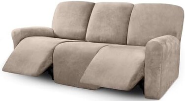 ULTICOR Velvet 8-Pieces Recliner Sofa Covers Stretch Reclining Couch Covers for 3 Cushion Reclining Sofa Slipcovers Furniture Covers Thick Soft Washable (3 Seater Recliner Cover, Taupe.