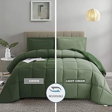 HIG 3pc Green Down Alternative Comforter Set Queen Size - All Season Reversible Comforter with Two Shams - Quilted Duvet Insert with Corner Tabs - Box Stitched - Breathable, Soft, Fluffy.