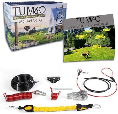 نظام Tumbo Trolley Xtreme لاحتواء الكلاب بطول 150 قدمًا - منزلق ثلاثي البكرات مع كابل ملفوف قابل للتمدد مع حبل مطاطي مضاد للصدمات (أكثر أمانًا وأقل تشابكًا) ربط الكلاب الهوائي.