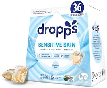 Dropps Sensitive Skin Laundry Detergent Pods: Unscented36 CountHE CompatibleAll WashersCold WashAll TemperaturesFreeClearLow Waste Packaging.