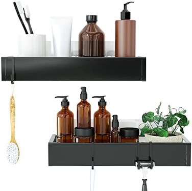 ROSEYAT Shower Caddy, Adhesive Organizer With Hooks, Shelves for Inside Shower, No Drilling Rack Holder, Storage For Bathroom, Kitchen Spice Rack-2 Pack Black.