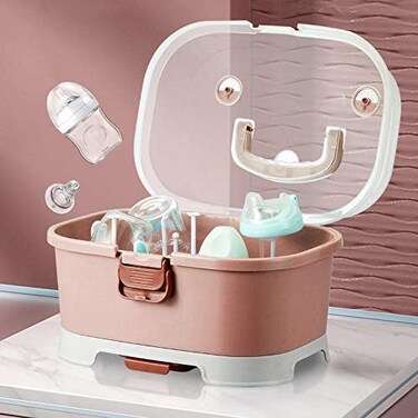 Zdolmy Baby Bottle Drying Rack Storage, Large Nursing Bottle Storage Box Organizer with Cover, Portable Kitchen Cabinet Organizer, Easy to Clean Drainer, Durable countertop Dryer Pink.