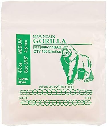 American Orthodontics Elastics Wildlife GorillaMedium, 4. 5 Oz, 3/16" Size, 100 Packs Per Box, 10,000 TotalMade in The USAExacting Dimensions, Precision Cutting, Top Quality Latex Tubing.