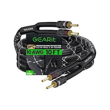 GearIT 10AWG Speaker Cable Wire with Gold-Plated Banana Tip Plugs (10 Feetin-Wall CL2 Rated, Heavy Duty Braided, 99. 9% Oxygen-Free Copper (OFC- Black.