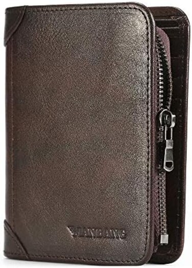 MANBANG Mens Wallet Zipper Genuine Leather RFID Card Holders Cowhide Zip Coin Pocket Bifold wallets for men Brown(anti-theft brush.