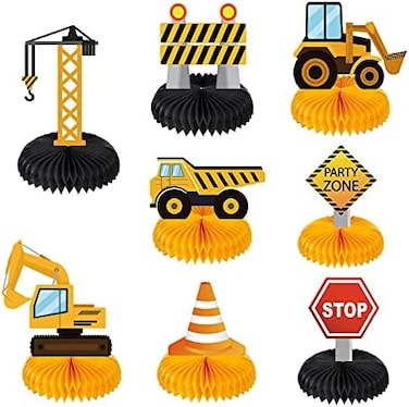 Zonon 8 Pieces Construction Birthday Party Supplies Honeycomb Centerpieces Table Toppers Dump Truck Car Cone Table Decorations Kids Birthday Construction Zone Theme Party Supplies.