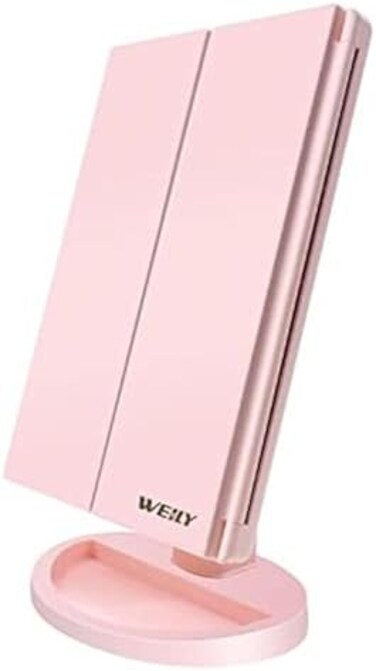 WEILY Lighted Makeup Mirror with 21 LED Lights, Trifold Vanity Mirror with 3X/2X/1X Magnification, Touch Screen, Dual Power Supply, 180 Degree Rotation Portable Mirrors for Travel(Pink.