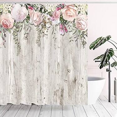 Tititex Pink Roses Flower Shower Curtain Sets, Blossoming Floral on Rutic Grey Wood Bathroom Decorative 70 X 70 Inch Polyester Waterproof Fabric Bathroom Curtain with Hooks.