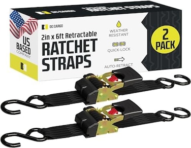 DC Cargo Mall 2 Quick n Easy Retractable Ratchet Straps - 2 Inch x 6 Ft - TightSecure Trailer Cargo Tie Downs for Boats, ATVs, Motorcycles - 4,000 lbs Break Strength.