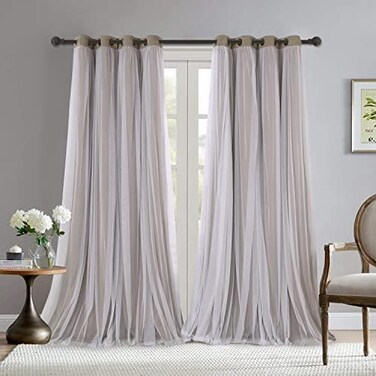 BONZER Dual Layers Grommet Top Mix and Match Blackout Curtains with White Sheer Voile for Living Room, Vintage Linen, 52x95 Inch, Set of 2 Panels.