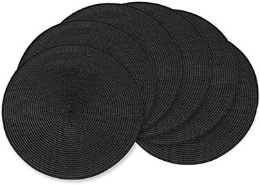 AHHFSMEI Round Braided Placemats 15 Inch Round Table Mats for Dining Tables Polypropylene Woven Heat Resistant Place mats Set of 6 (Black.