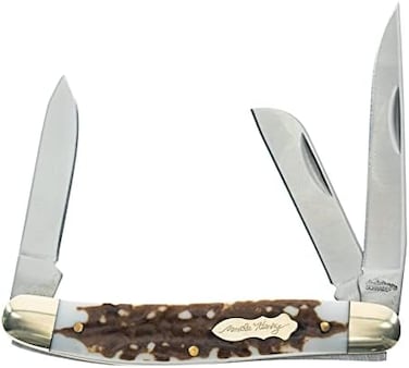 Uncle Henry Next Gen Staglon 897UH 6. 2in Folding Knife with 2. 8in Stainless Steel Clip-Point Blade, Sheepsfoot Blade, Spey-Point Blade and Staglon Handle for Hunting, Camping and EDC.