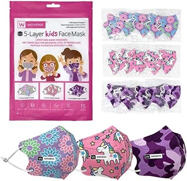wovenx FDA Registered, 5 Ply, Kids Face Masks 15 Pack, With Adjustable Earloops, Individually Packaged, Disposable (Girls Masks: Unicorn, Flowers, Camouflage.