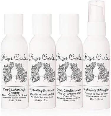 Rizos Curls 4-Step Travel Kit for Curly Hair: Curl Defining Cream, Shampoo, Conditioner, RefreshDetangle (2 fl oz each.