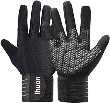 ihuan Updated 2021 Ventilated Weight Lifting Gym Workout Gloves Full Finger with Wrist Wrap Support for MenWomen, Full Palm Protection, for Weightlifting, Training, Fitness, Hanging, Pull ups.