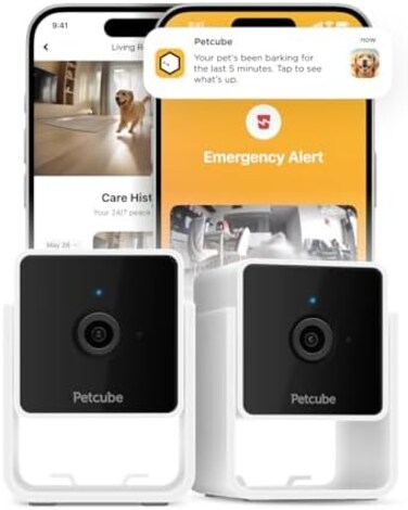 كاميرا Petcube Cam عبوة من 2 كاميرا أمان داخلية للحيوانات الأليفة تعمل بتقنية الواي فاي مع تطبيق للهاتف، صوت وفيديو ثنائي الاتجاه، رؤية ليلية، فيديو عالي الدقة 1080 بكسل وتنبيهات ذكية.