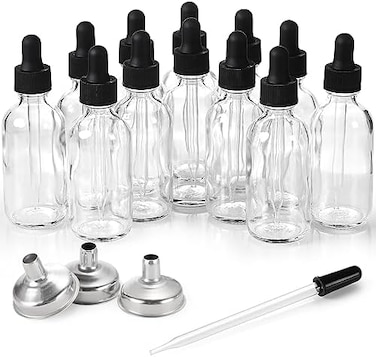 AOZITA 12 Pack, 2 oz Glass Eye Dropper Bottles w/ 3 Stainless Steel Funnels1 Long Pipette Dropper24 Labels - 60ml Clear Tincture Bottles for Essential Oils, Liquids - Leakproof Travel Essential Bottle