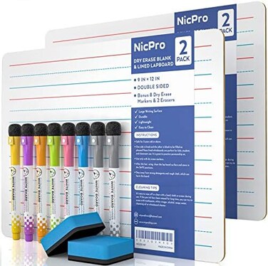 Nicpro Dry Erase Lap Board 9 x 12 inches 2 Pack Ruled Kid Double Sided BlankLined Small Lapboard with 8 Pens, 2 Eraser, Learning Mini Whiteboard Portable for Student and Classroom Use.